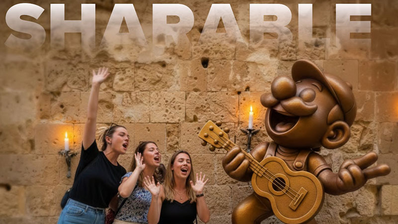 Archipals — visitors engaging with an interactive bronze monument in Valletta