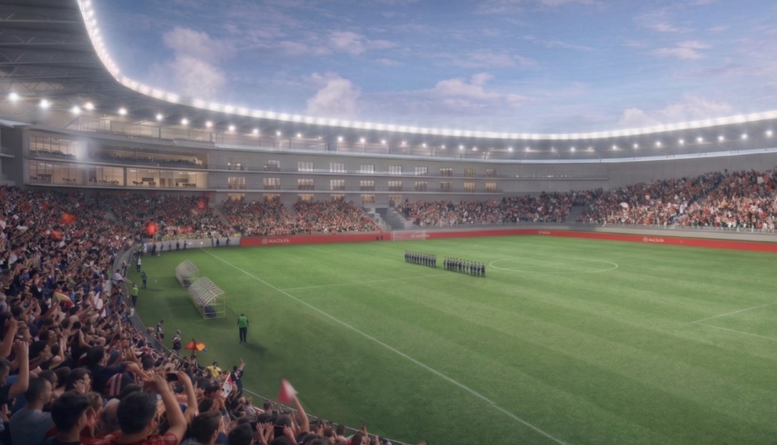 National Football Development Initiative — interior render of the stadium with crowd and floodlights