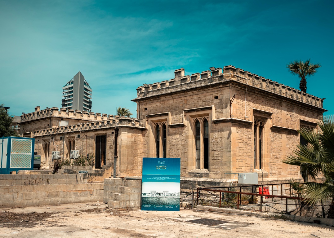 Gżira Pumping Station — exterior with rehabilitation project signage