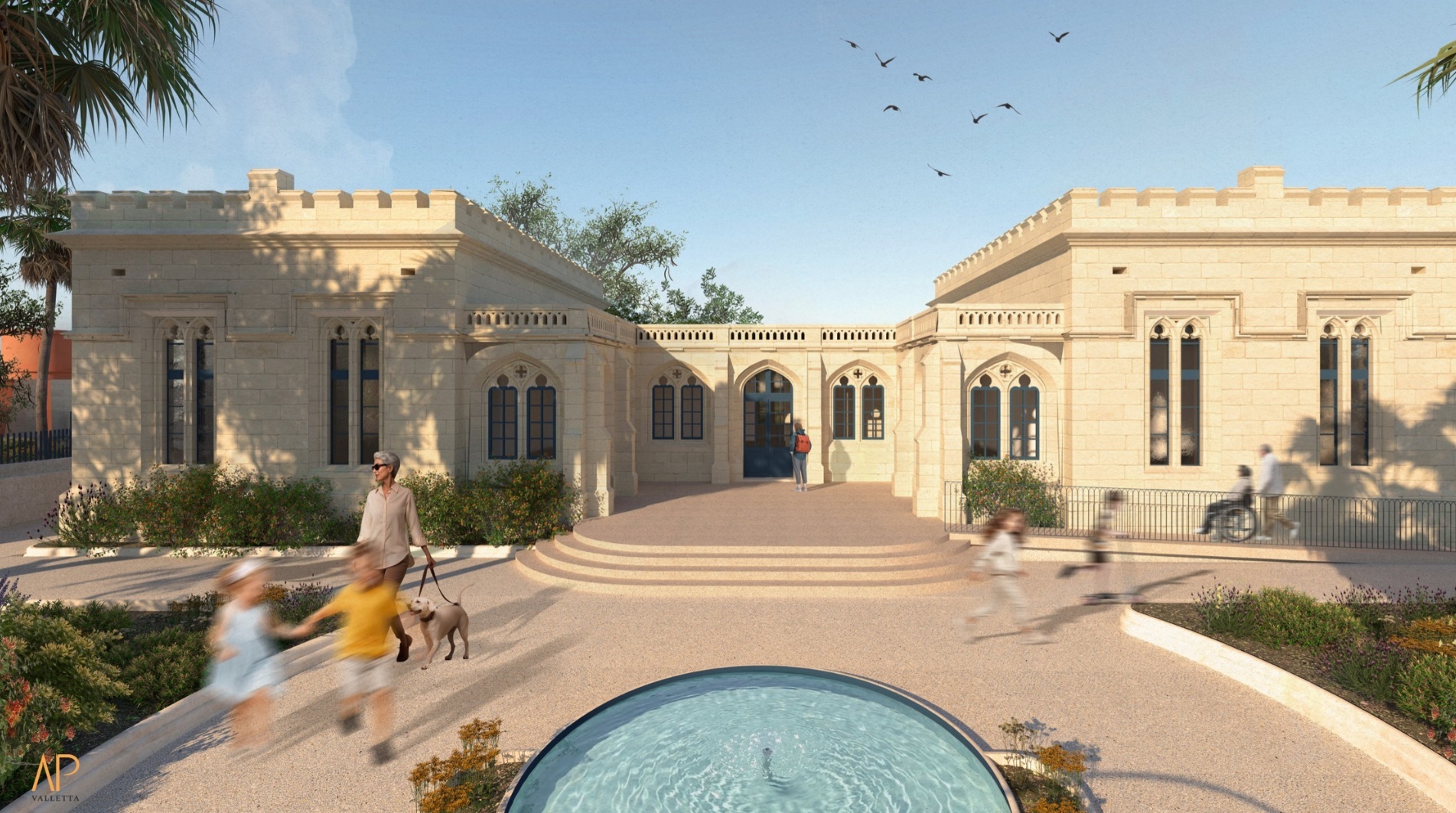 Gżira Pumping Station — architectural render of the restored building and public garden