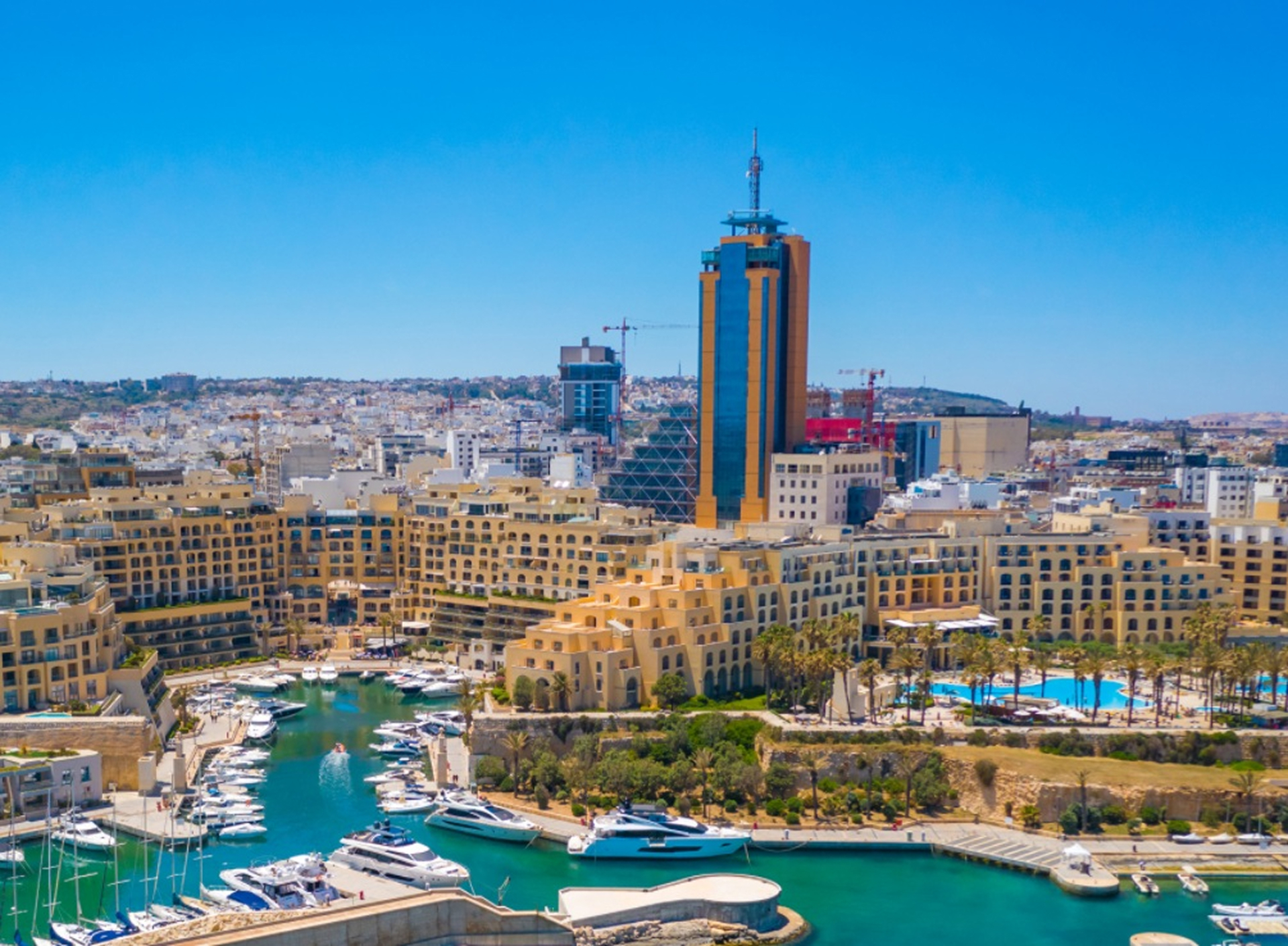 Aerial view of St Julian's marina and skyline, Malta