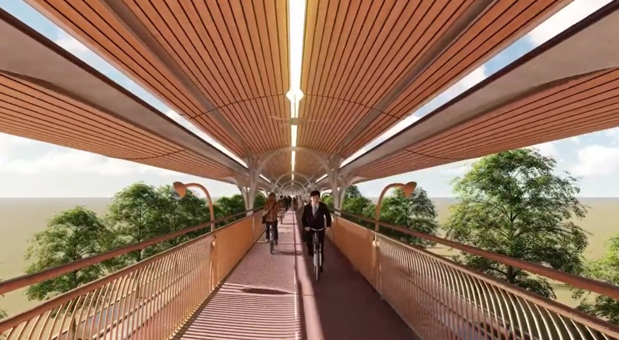 Regenerative Multimodal Transport System — architectural render of covered cycling and pedestrian bridge