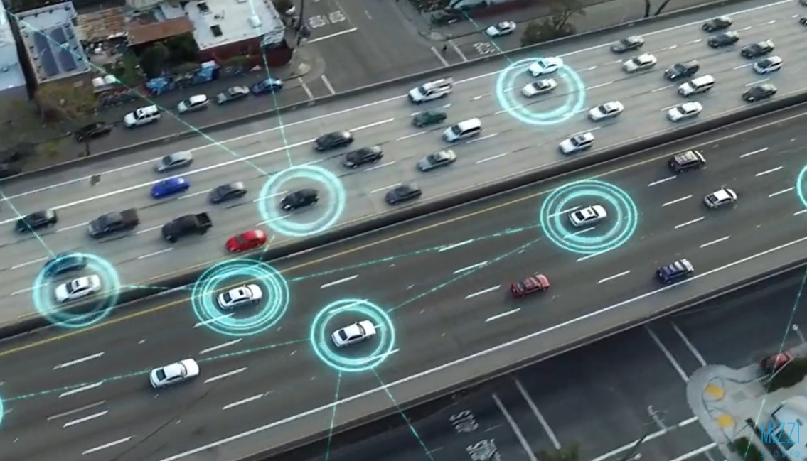 Regenerative Multimodal Transport System — aerial view of smart connected vehicles on highway